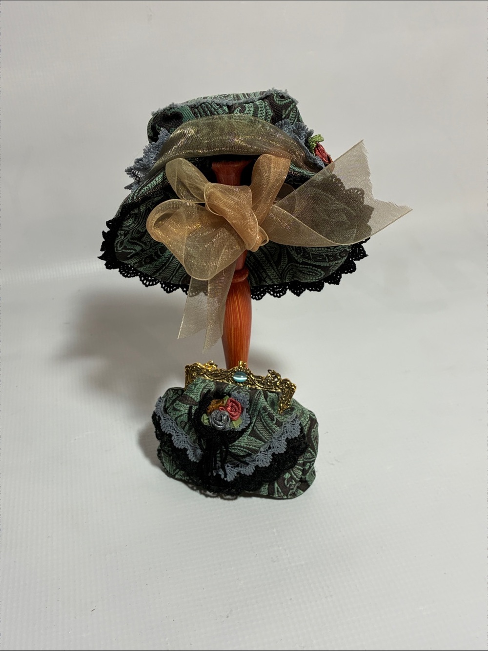 Decorative Green Paisley Miniature Hat on Stand with Gold Bow & Matching Purse